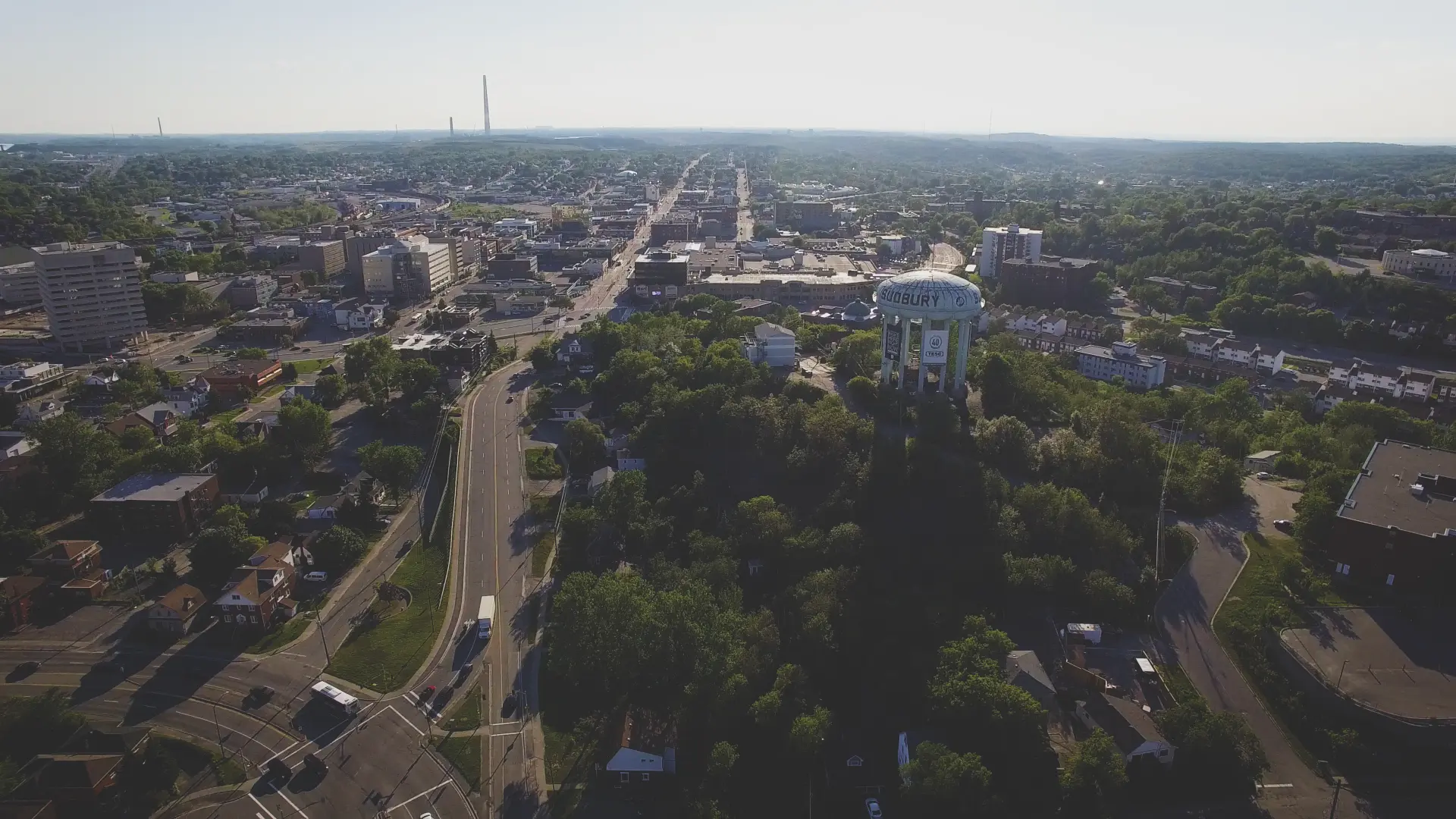 Aerial view of downtown Greater Sudbury with the iconic Sudbury water tower